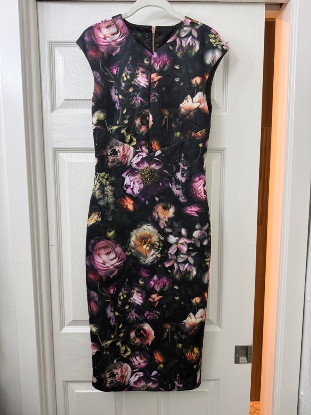 Ted Baker London Floral Sheath Dress - Black with Pink & Purple Bloom size 2
